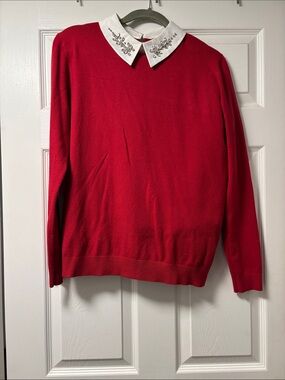 Women's Red Embellished-Collar Crewneck Sweater